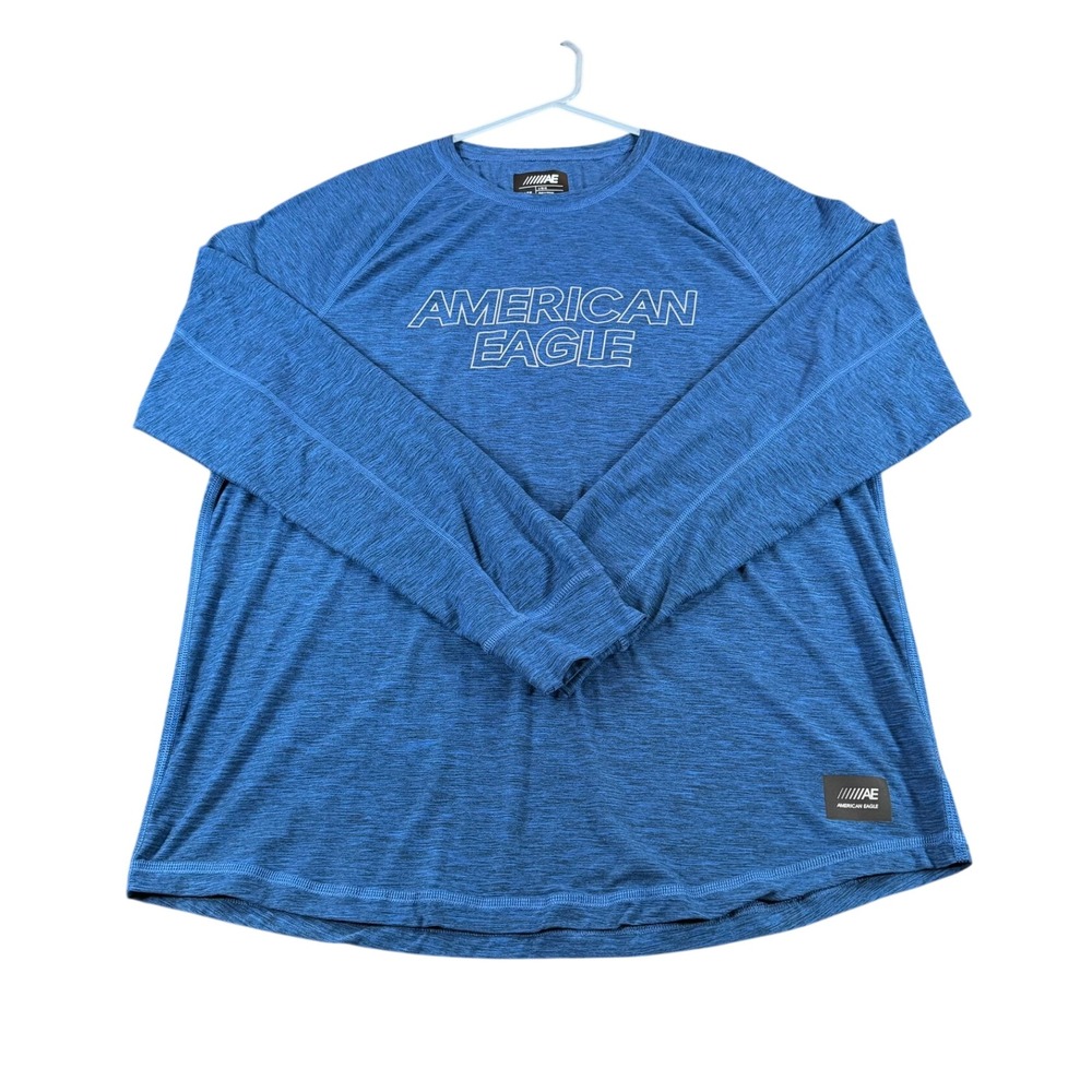 American Eagle Flex Mens Large Blue Heather Long Sleeve Performance Shirt Logo